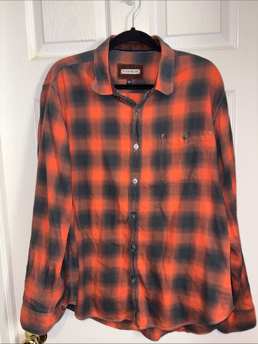 32 Bar Blues Flannel button up Shirt Mens XL Orange Navy Plaid  Cotton